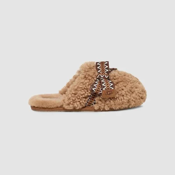 UGG MAXI CURLY SCUFF SLIPPERS CHESTNUT